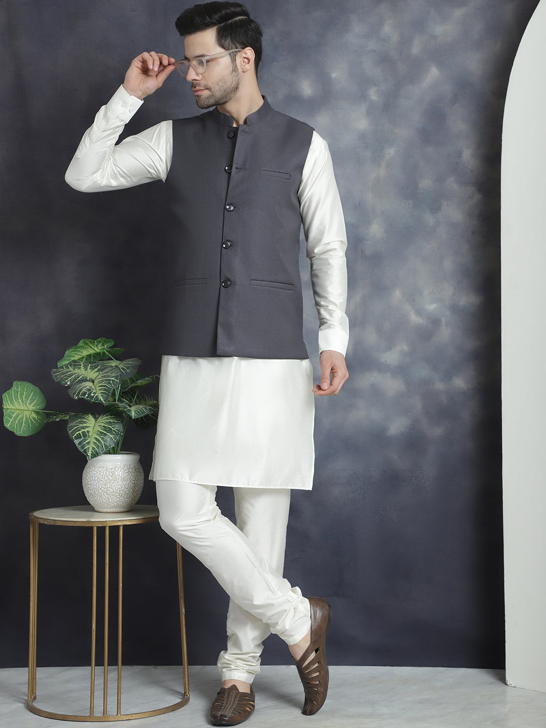 Men's Solid Nehru Jacket with White Kurta & Churidar NOZ2TOZ - Made In INDIA.