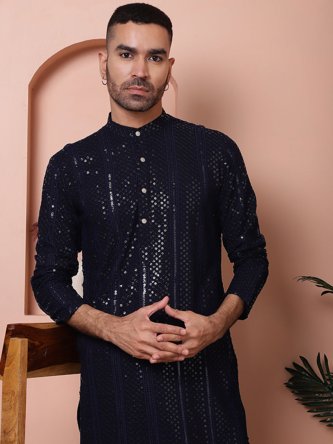 Men's Sequins Chikankari Embroidered Kurta with Pyjama NOZ2TOZ - Made In INDIA.