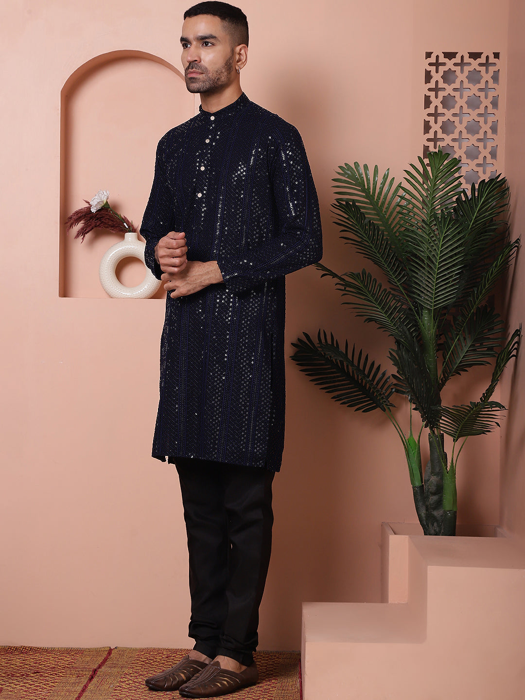 Men's Sequins Chikankari Embroidered Kurta with Pyjama NOZ2TOZ - Made In INDIA.