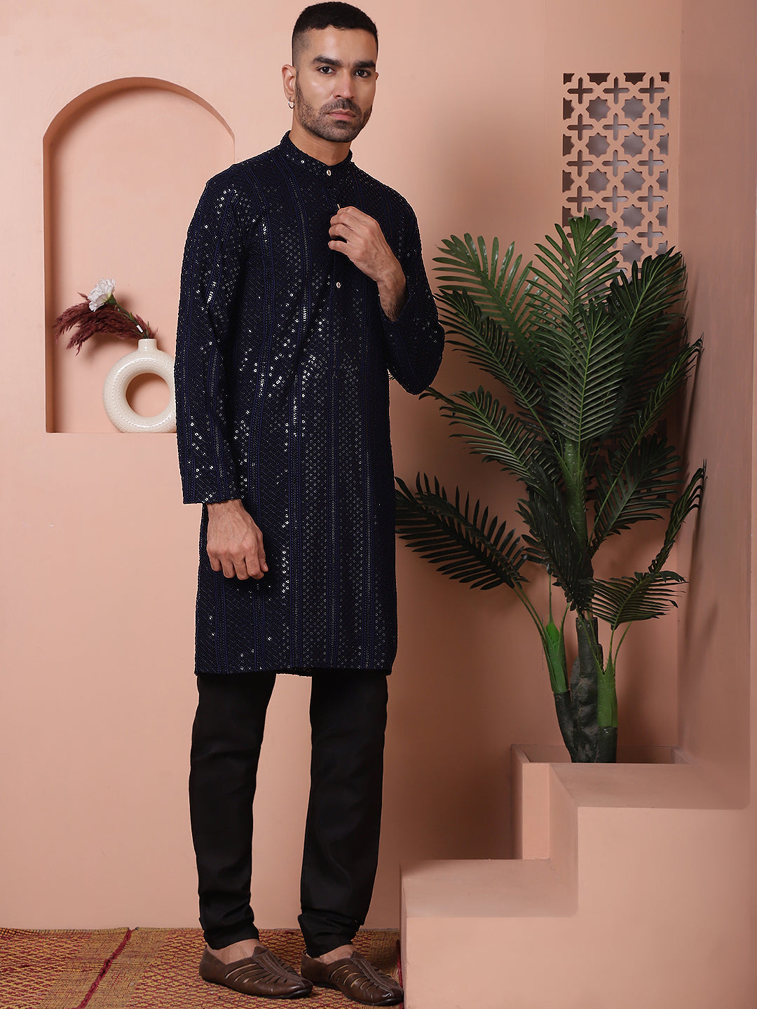 Men's Sequins Chikankari Embroidered Kurta with Pyjama NOZ2TOZ - Made In INDIA.