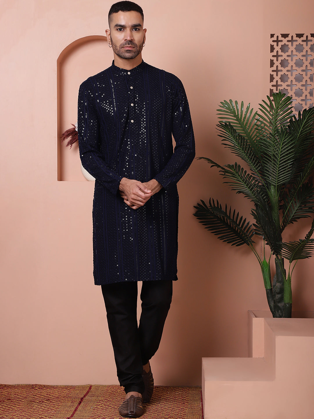 Men's Sequins Chikankari Embroidered Kurta with Pyjama NOZ2TOZ - Made In INDIA.