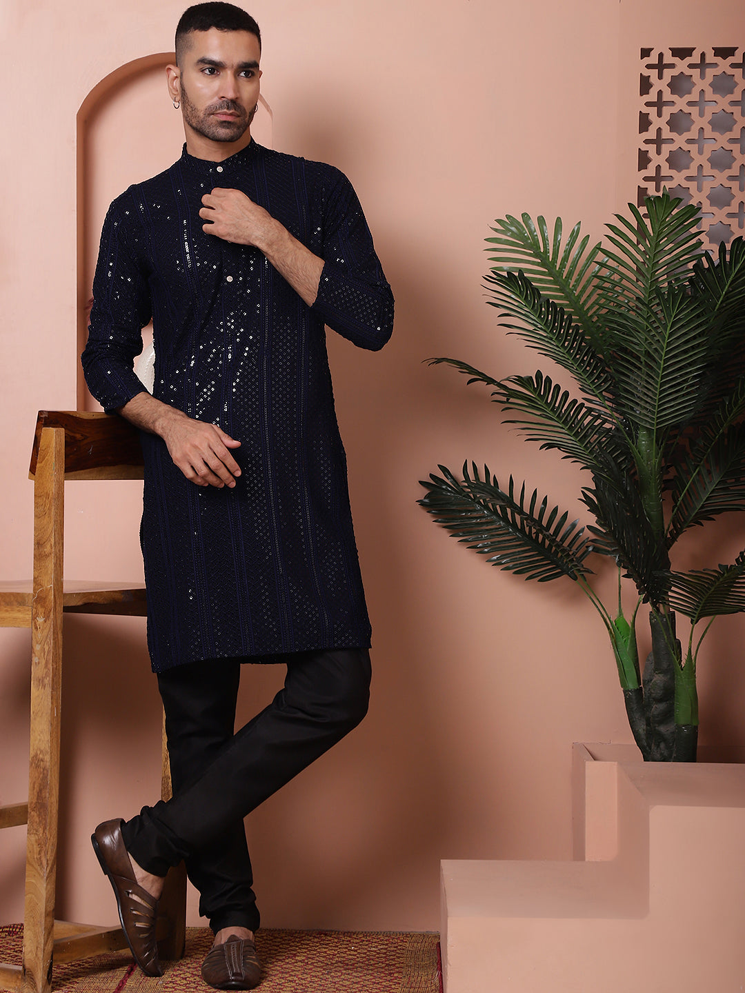 Men's Sequins Chikankari Embroidered Kurta with Pyjama NOZ2TOZ - Made In INDIA.