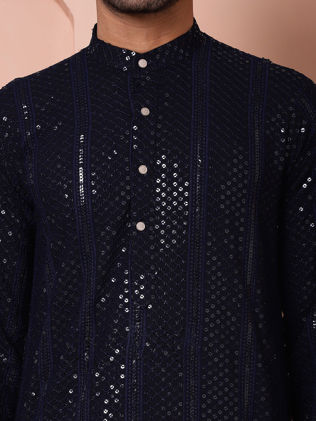 Men's Sequins Chikankari Embroidered Kurta with Pyjama NOZ2TOZ - Made In INDIA.