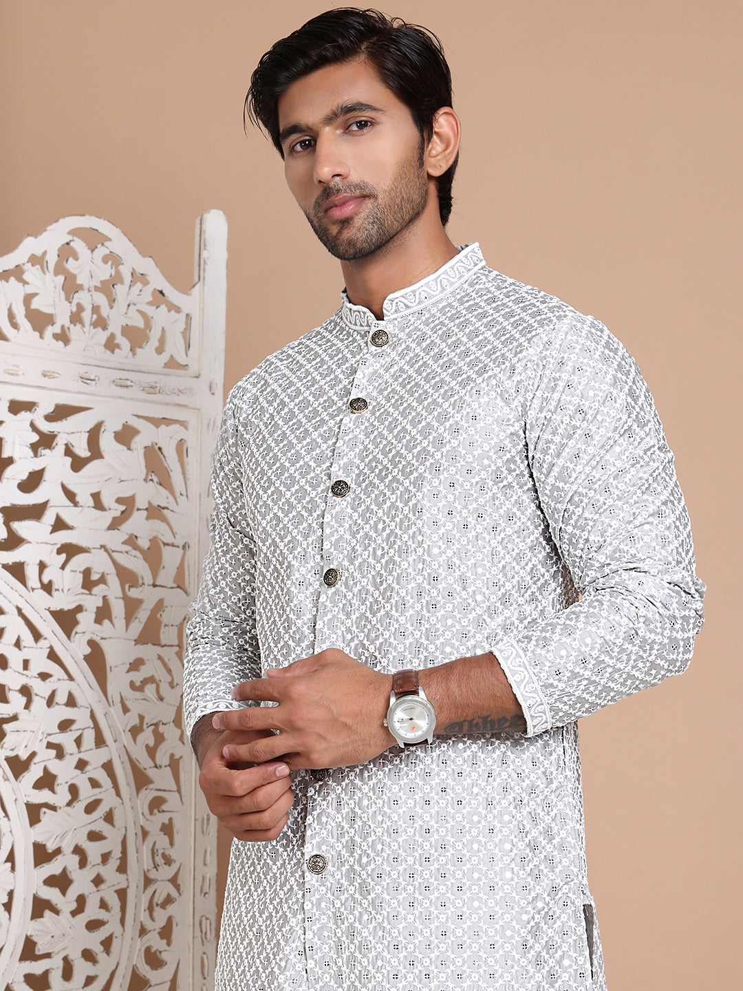 Sequin Chikankari Front Open Kurta With Pyjamas NOZ2TOZ - Made In INDIA.