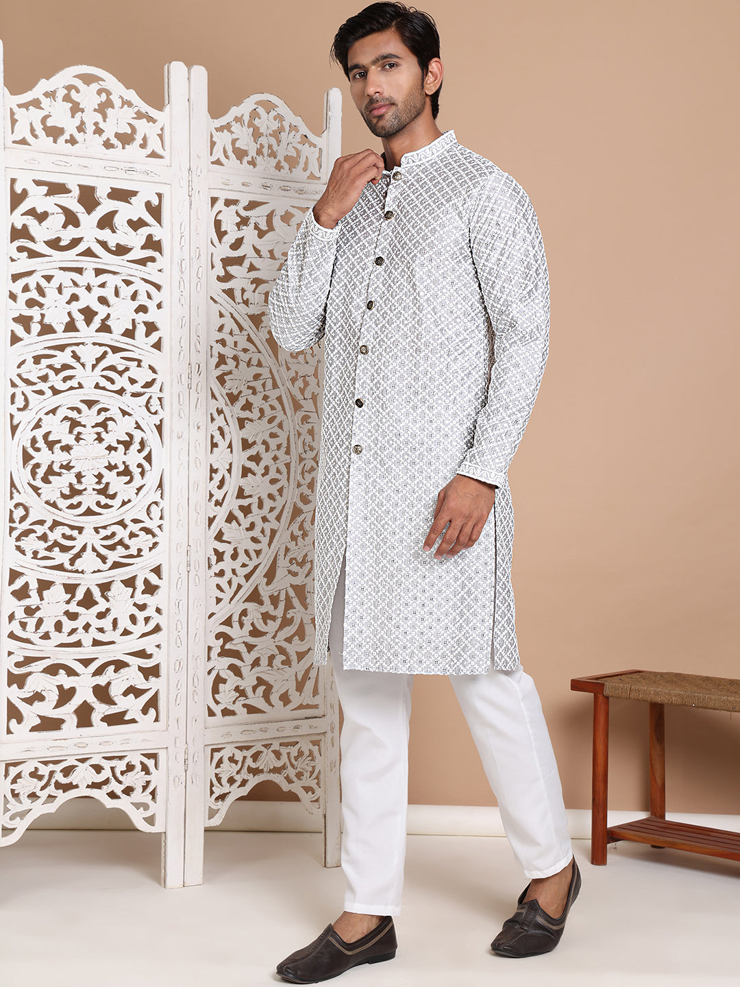 Sequin Chikankari Front Open Kurta With Pyjamas NOZ2TOZ - Made In INDIA.