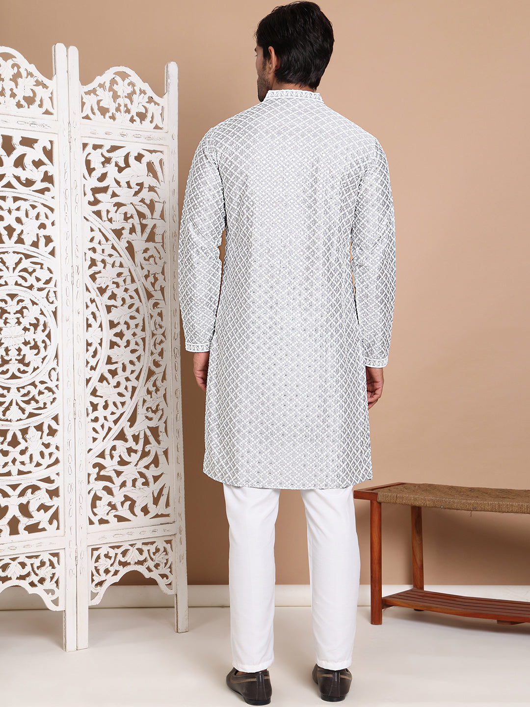 Sequin Chikankari Front Open Kurta With Pyjamas NOZ2TOZ - Made In INDIA.