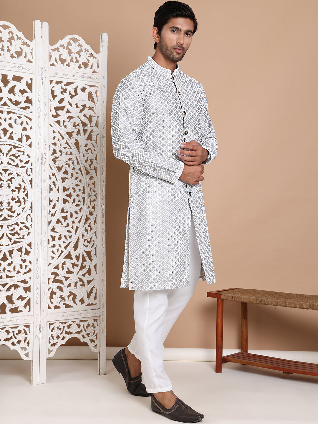 Sequin Chikankari Front Open Kurta With Pyjamas NOZ2TOZ - Made In INDIA.