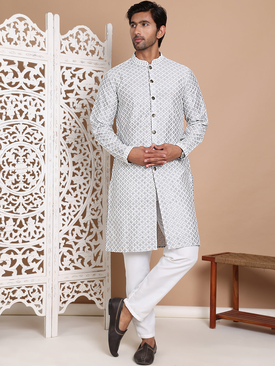 Sequin Chikankari Front Open Kurta With Pyjamas NOZ2TOZ - Made In INDIA.