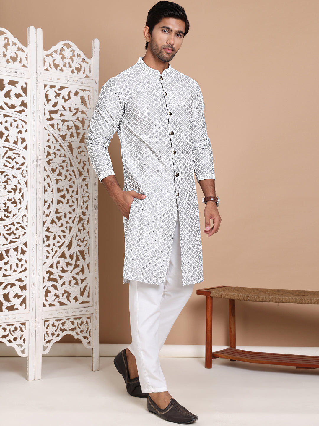 Sequin Chikankari Front Open Kurta With Pyjamas NOZ2TOZ - Made In INDIA.