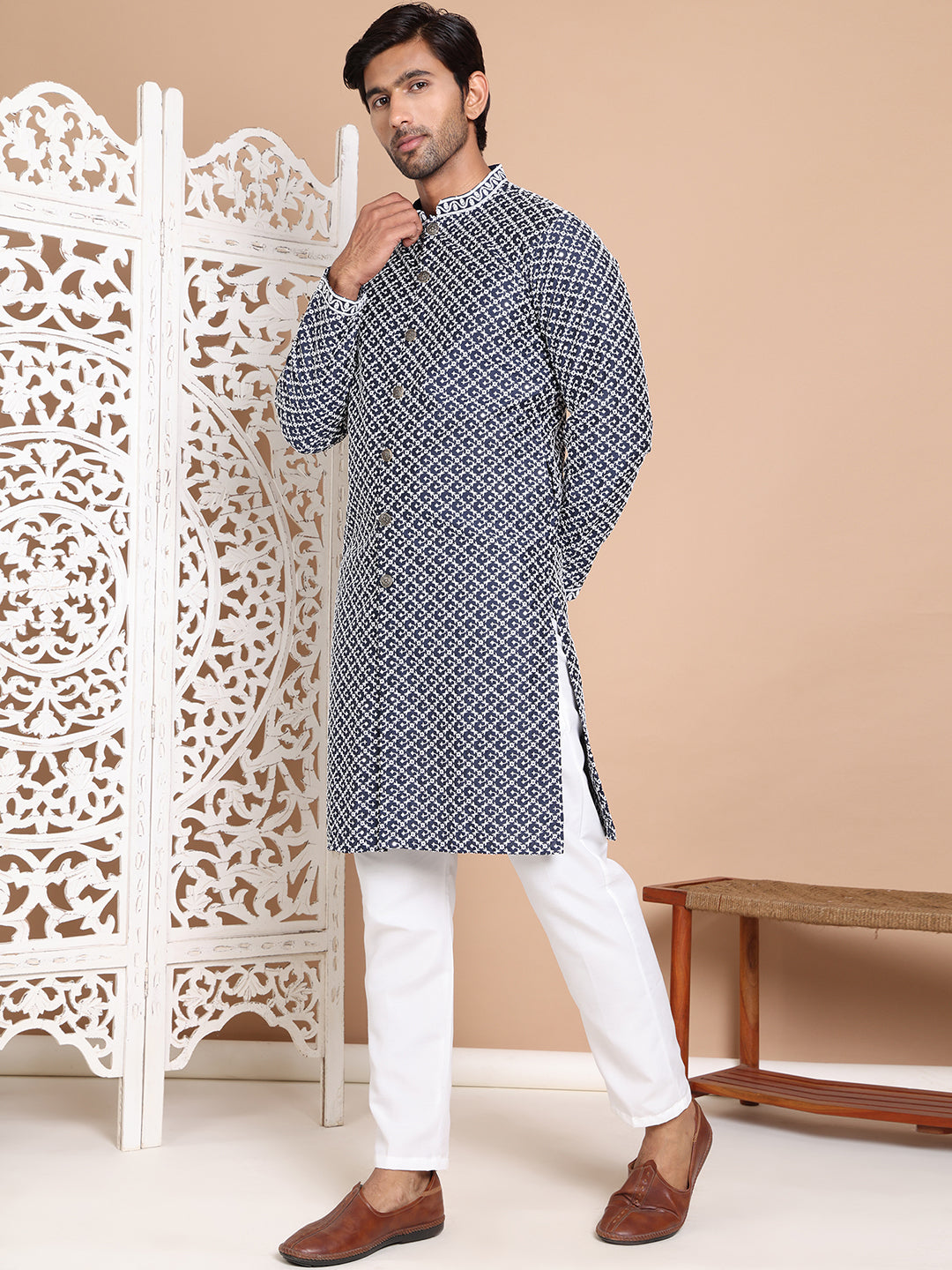 Sequin Chikankari Front Open Kurta With Pyjamas NOZ2TOZ - Made In INDIA.