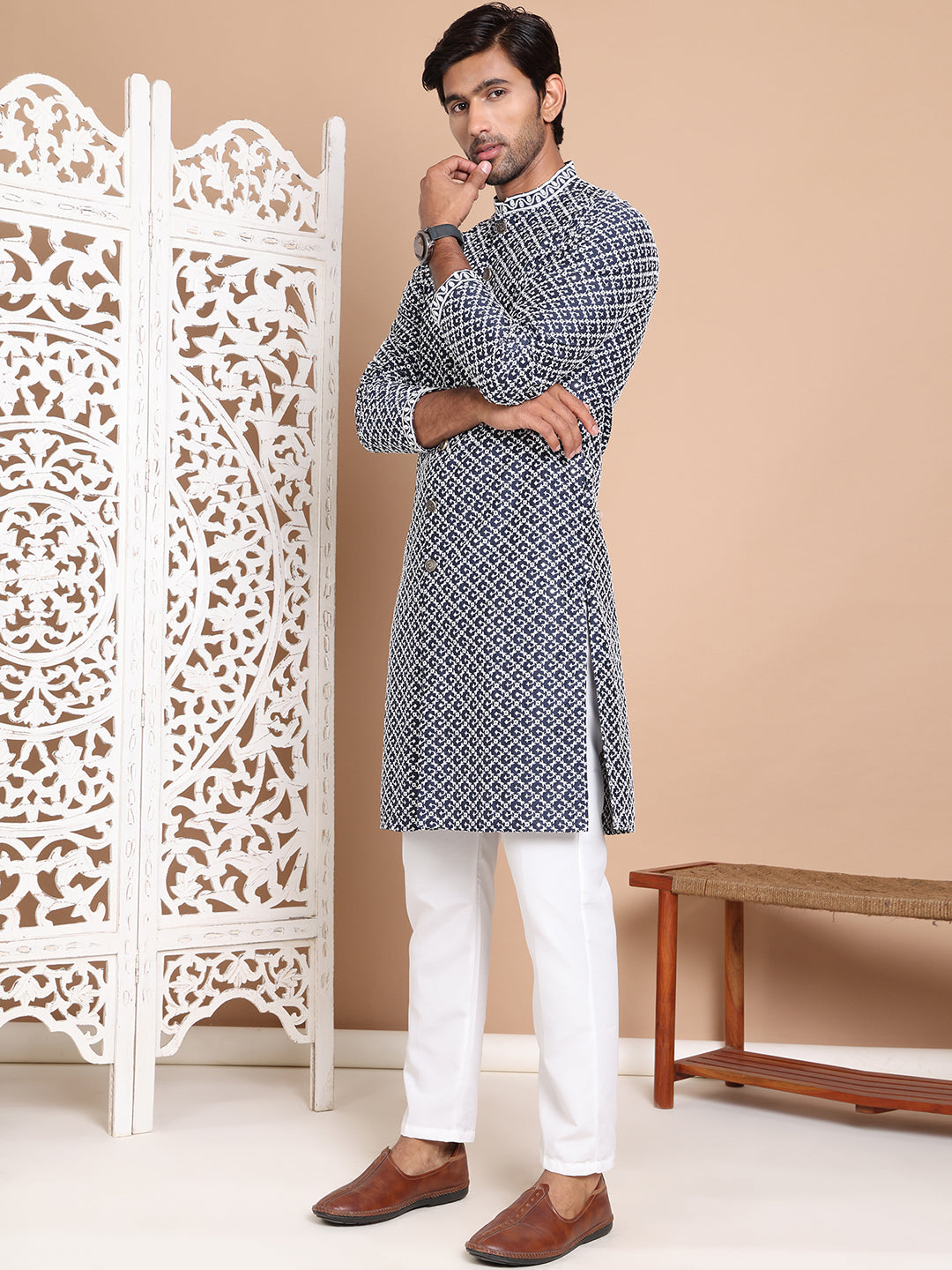 Sequin Chikankari Front Open Kurta With Pyjamas NOZ2TOZ - Made In INDIA.