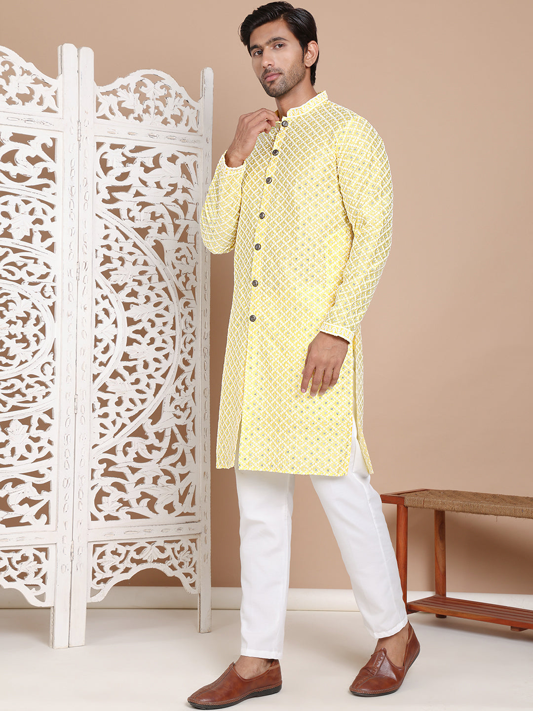 Sequin Chikankari Front Open Kurta With Pyjamas NOZ2TOZ - Made In INDIA.