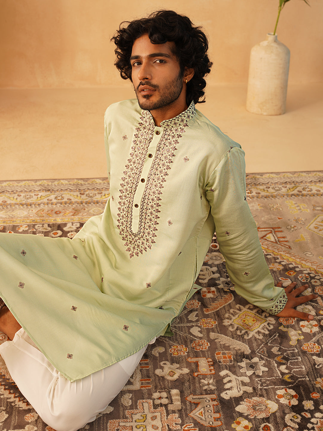 Men's Sequins Embroidered Kurta With Pyjama NOZ2TOZ - Made In INDIA.