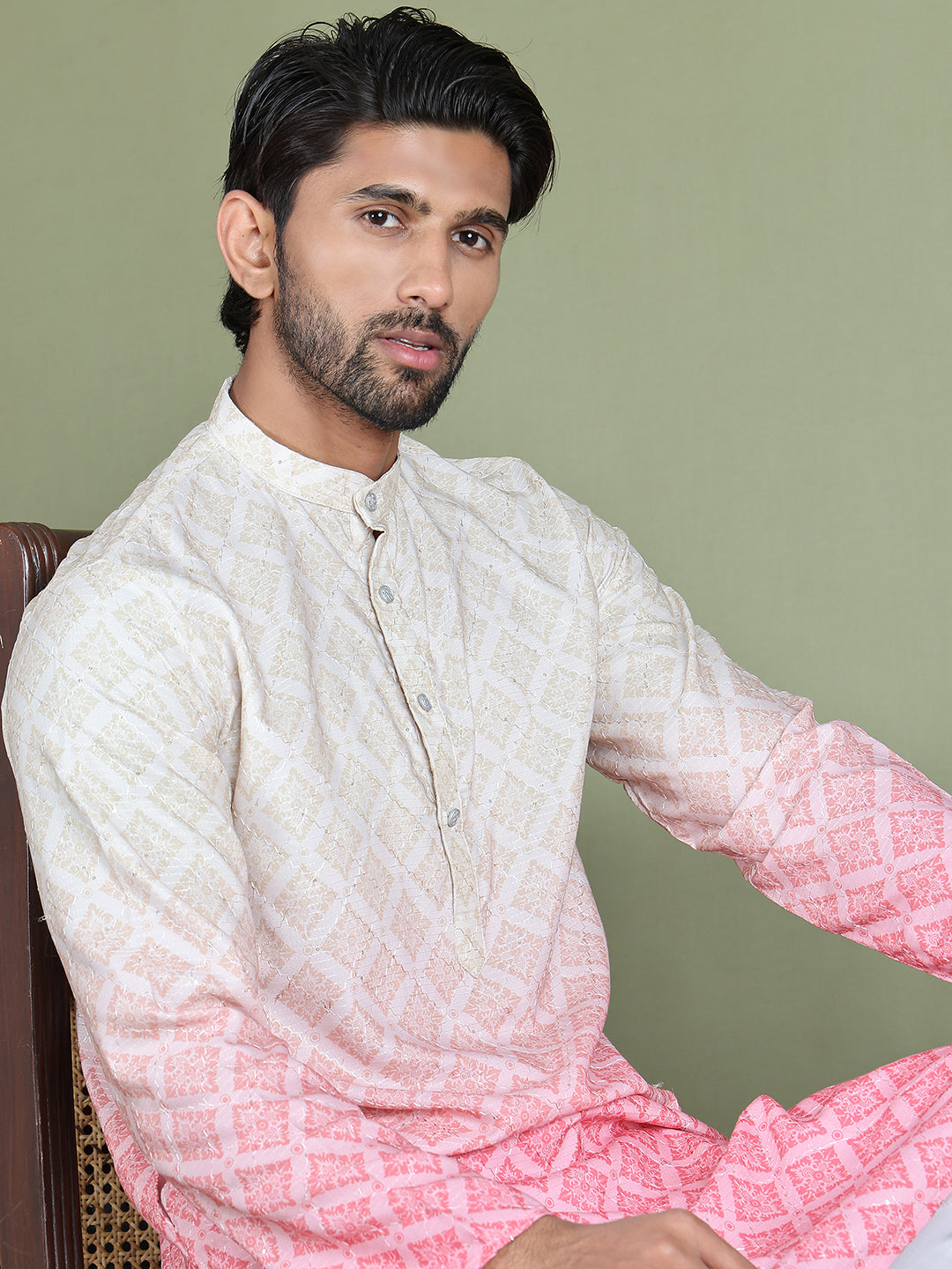 Peach Ombre Printed Kurta Pyjama Set For Men NOZ2TOZ - Made In INDIA.