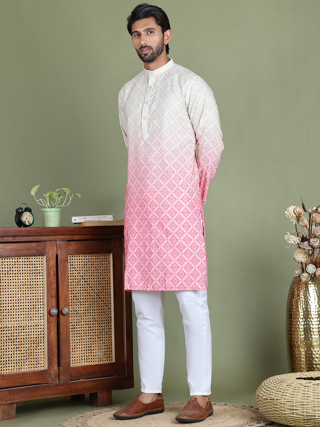 Peach Ombre Printed Kurta Pyjama Set For Men NOZ2TOZ - Made In INDIA.