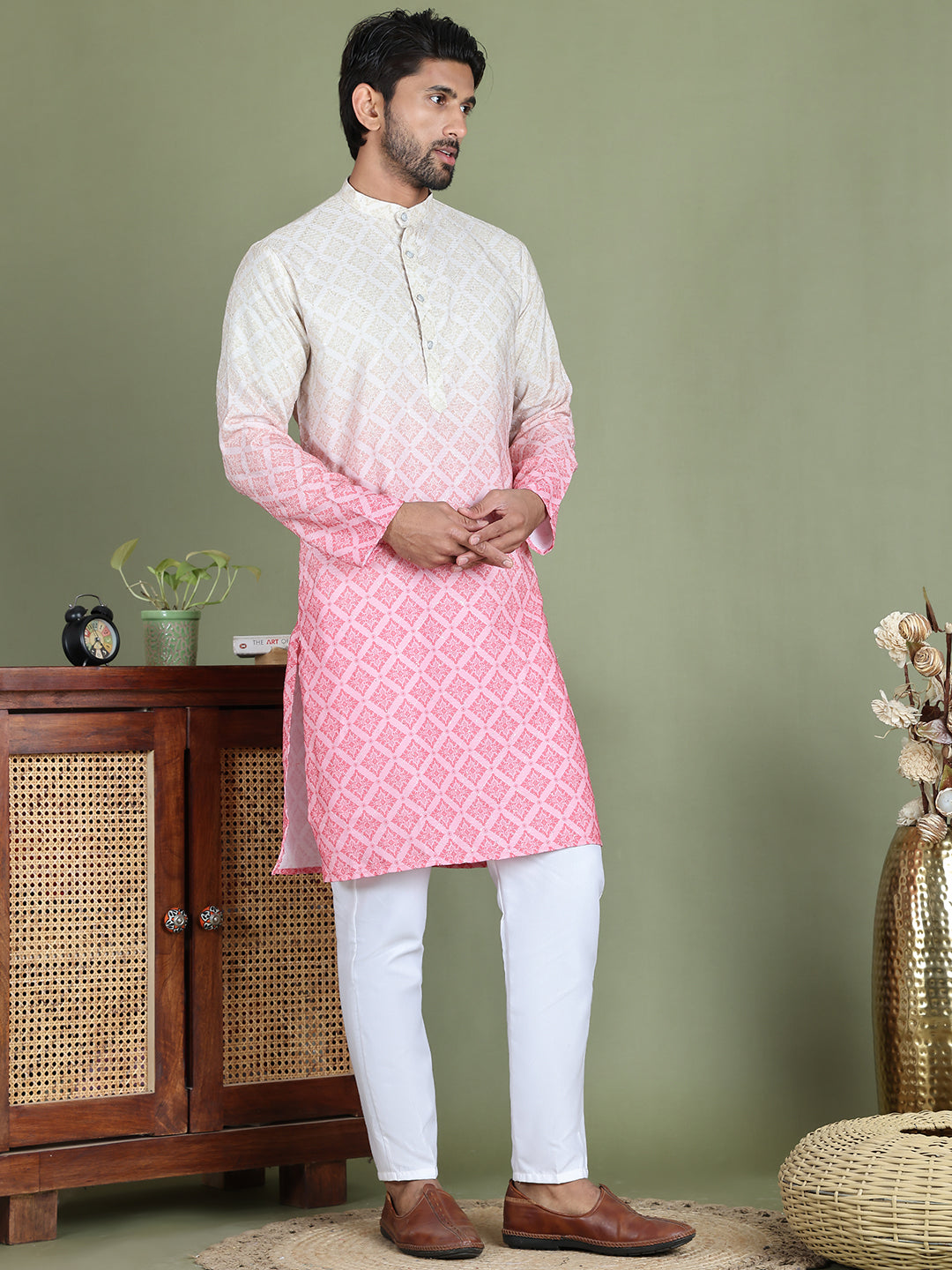 Peach Ombre Printed Kurta Pyjama Set For Men NOZ2TOZ - Made In INDIA.