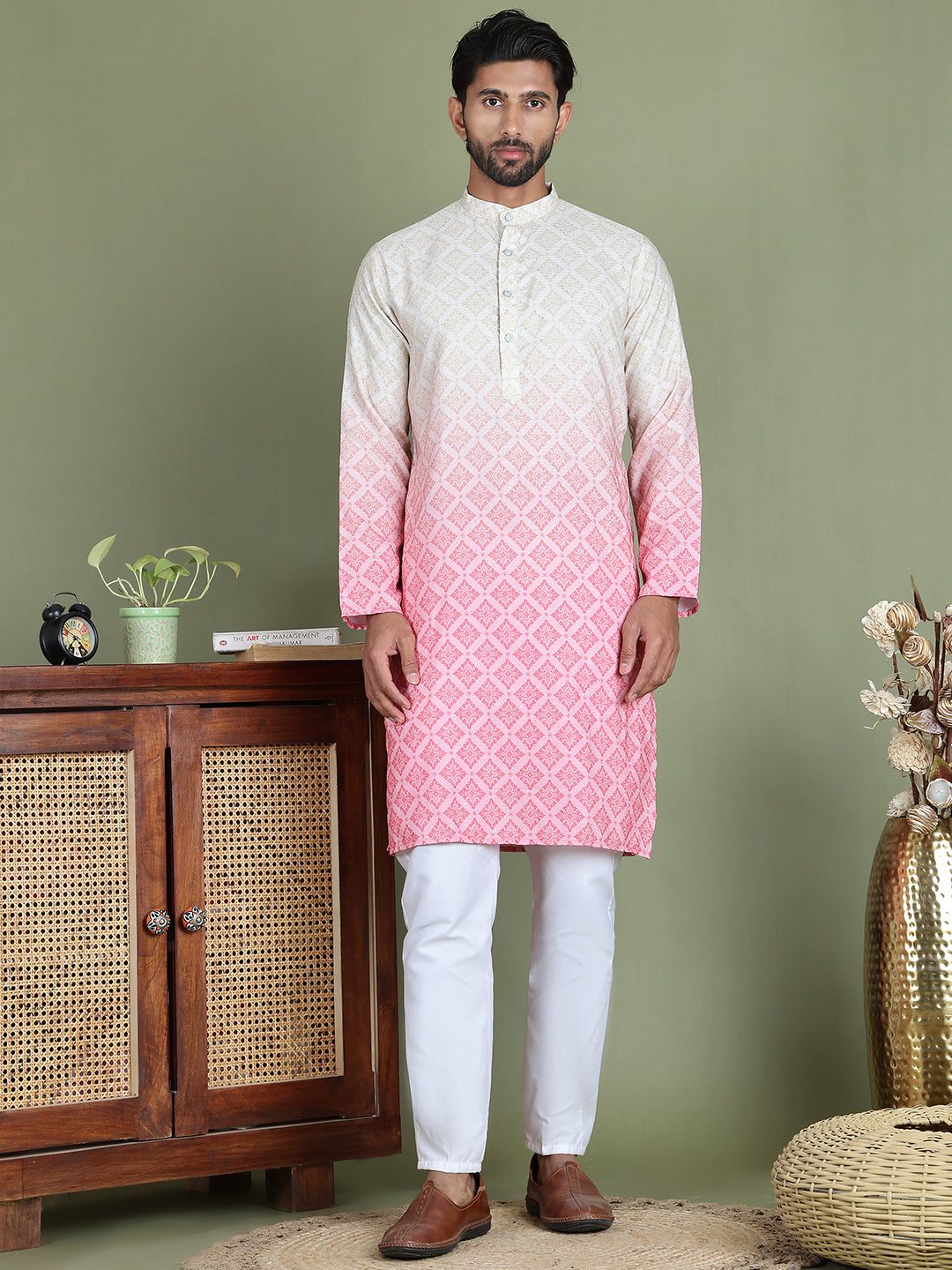 Peach Ombre Printed Kurta Pyjama Set For Men NOZ2TOZ - Made In INDIA.