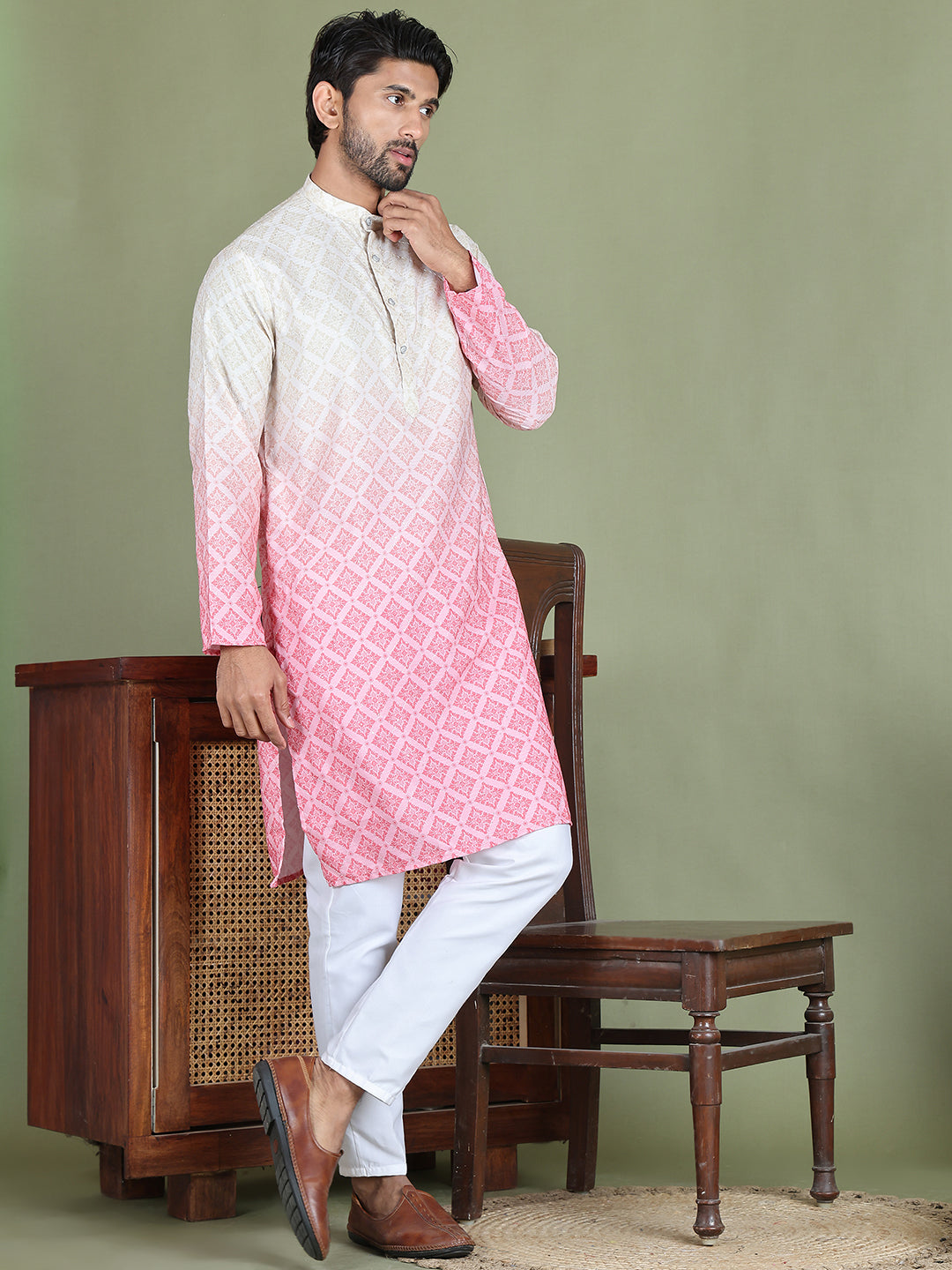 Peach Ombre Printed Kurta Pyjama Set For Men NOZ2TOZ - Made In INDIA.