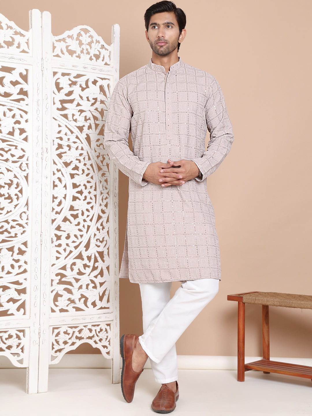 Sequin Embroidered Pure Cotton Kurta with Pyjamas NOZ2TOZ - Made In INDIA.