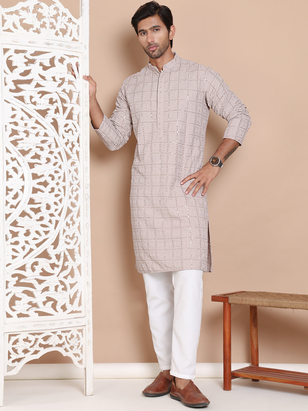 Sequin Embroidered Pure Cotton Kurta with Pyjamas NOZ2TOZ - Made In INDIA.