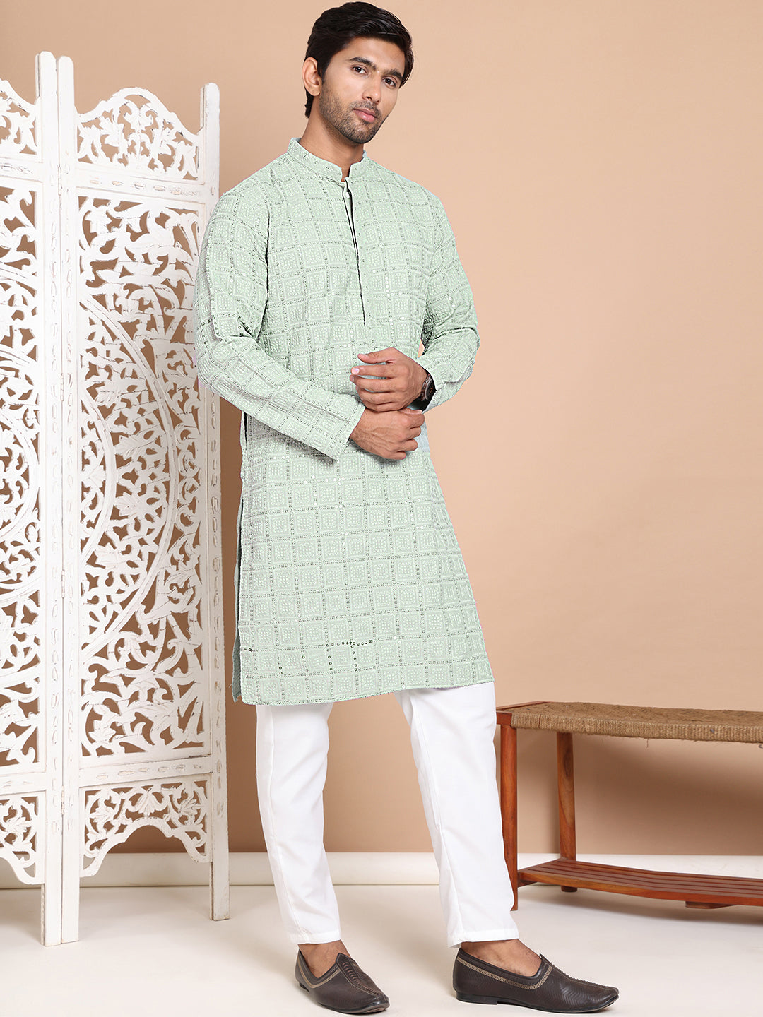 Sequin Embroidered Pure Cotton Kurta with Pyjamas NOZ2TOZ - Made In INDIA.