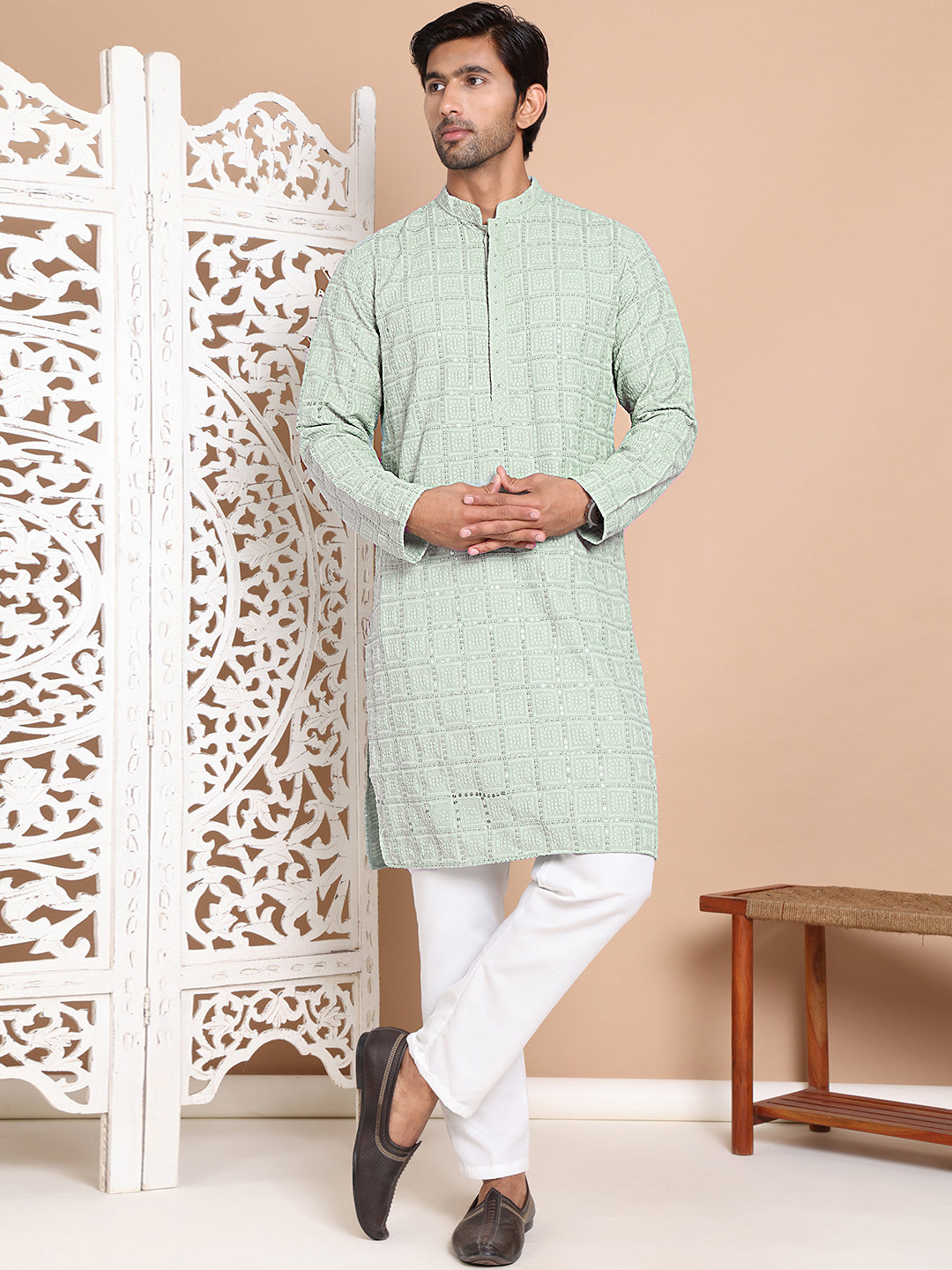 Sequin Embroidered Pure Cotton Kurta with Pyjamas NOZ2TOZ - Made In INDIA.