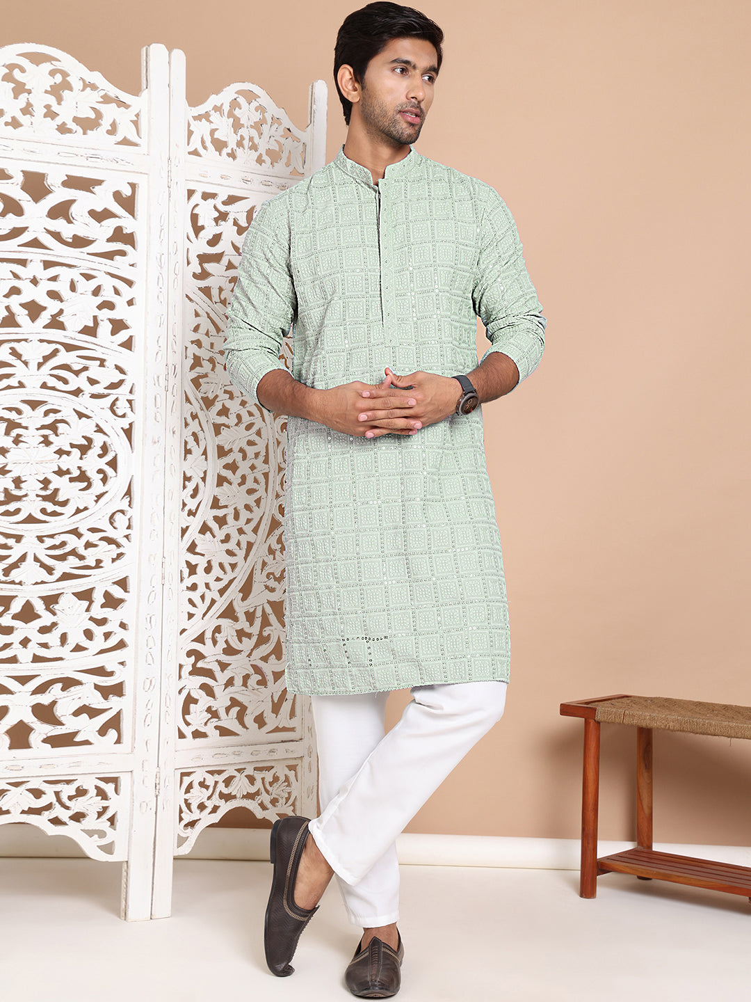 Sequin Embroidered Pure Cotton Kurta with Pyjamas NOZ2TOZ - Made In INDIA.