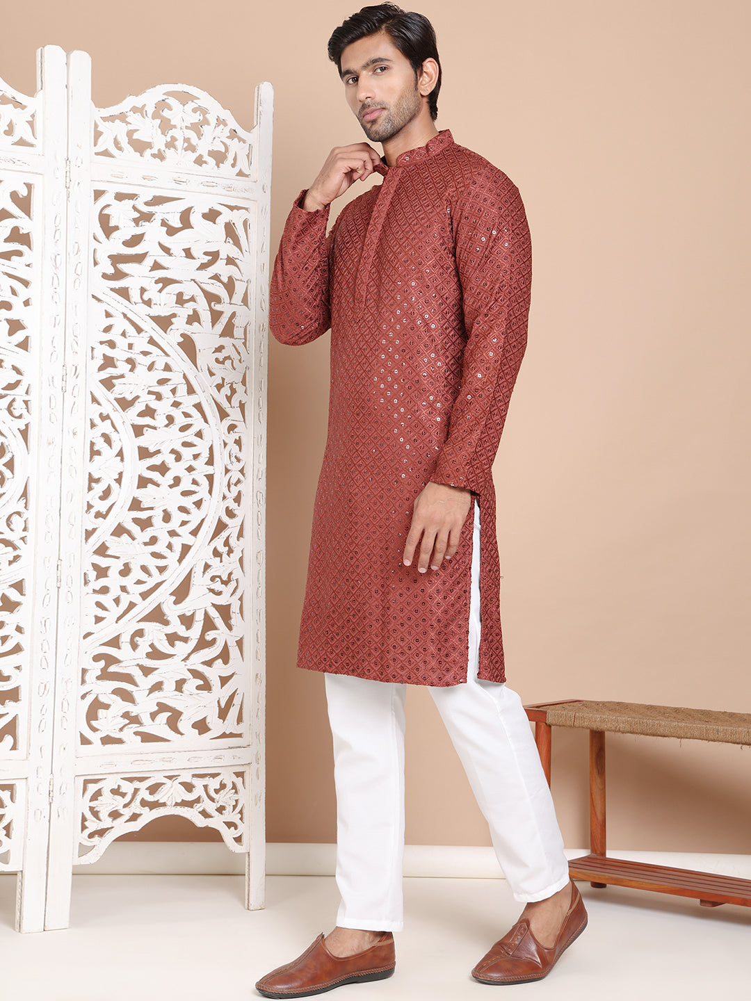 Embroidered and Sequence Kurta with Pyjama For Men NOZ2TOZ - Made In INDIA.