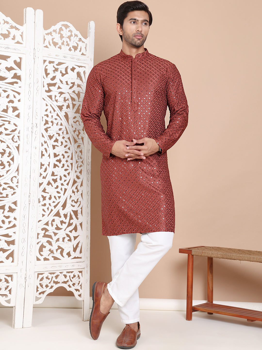 Embroidered and Sequence Kurta with Pyjama For Men NOZ2TOZ - Made In INDIA.