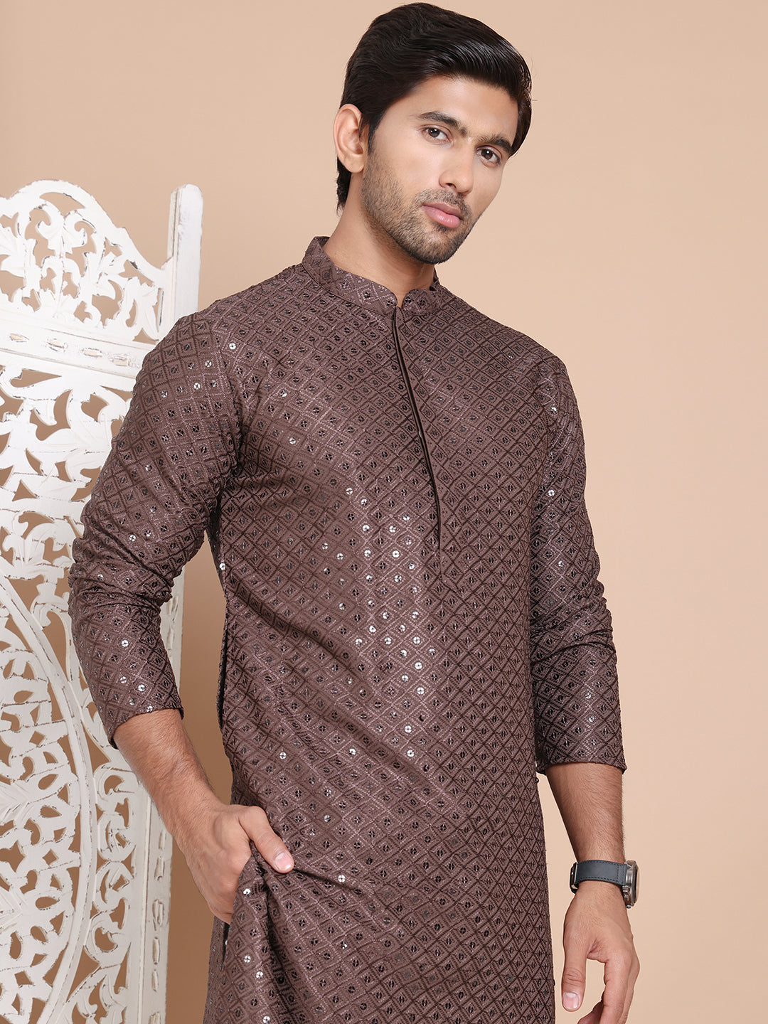 Embroidered and Sequence Kurta with Pyjama For Men NOZ2TOZ - Made In INDIA.