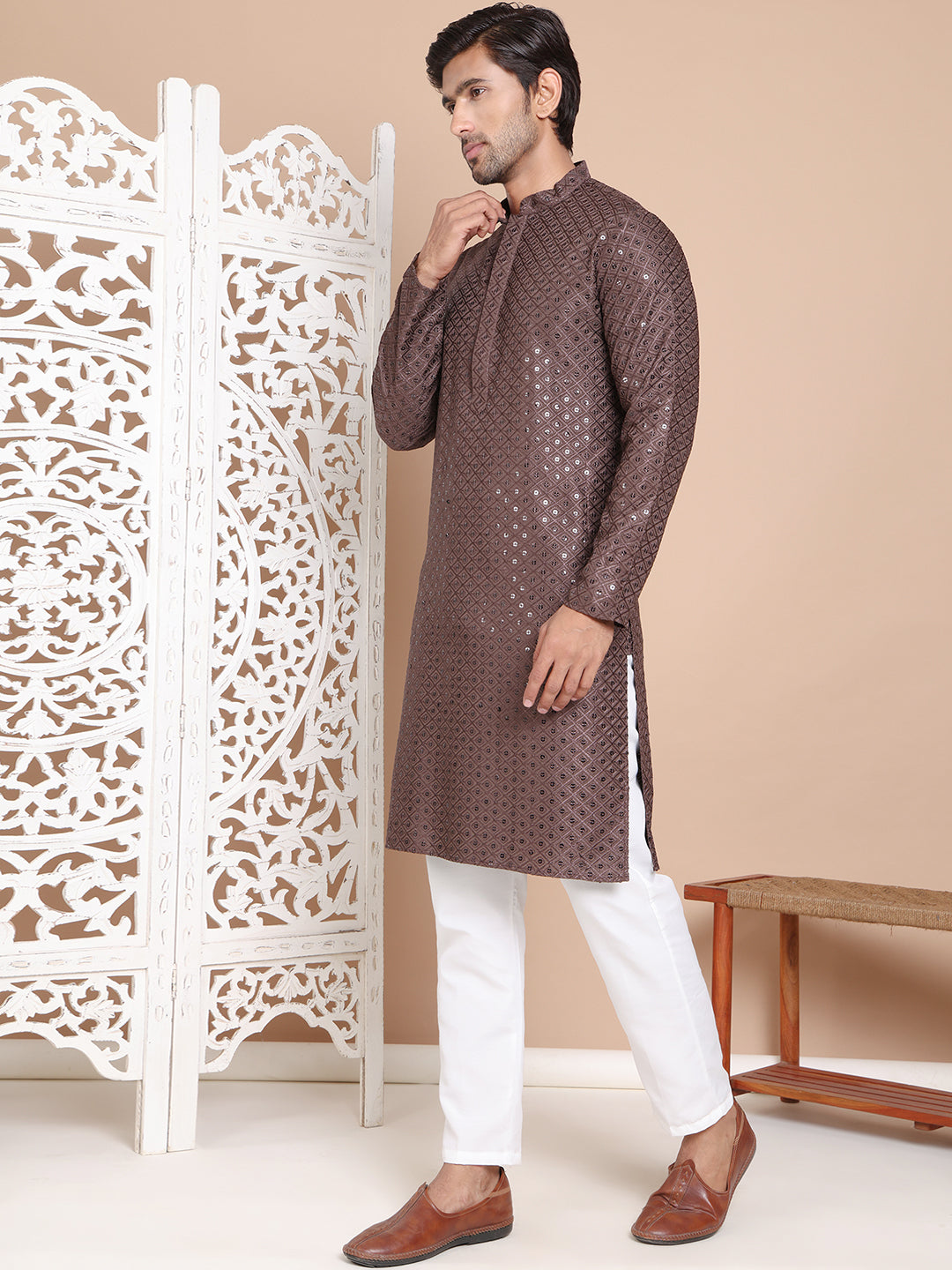 Embroidered and Sequence Kurta with Pyjama For Men NOZ2TOZ - Made In INDIA.