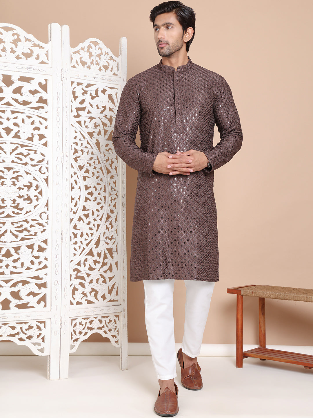 Embroidered and Sequence Kurta with Pyjama For Men NOZ2TOZ - Made In INDIA.