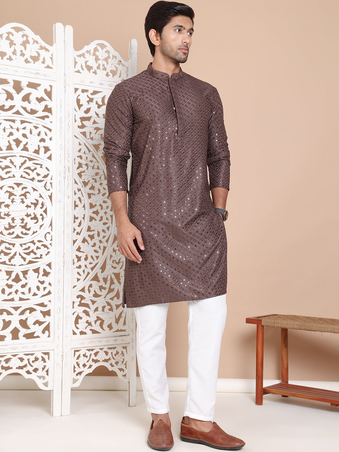 Embroidered and Sequence Kurta with Pyjama For Men NOZ2TOZ - Made In INDIA.