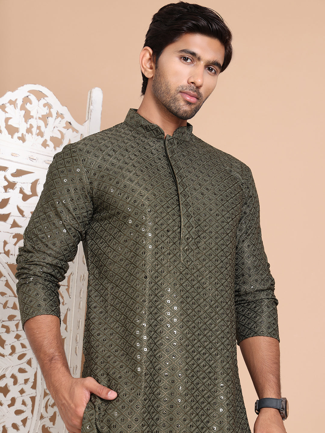 Embroidered and Sequence Kurta with Pyjama For Men NOZ2TOZ - Made In INDIA.