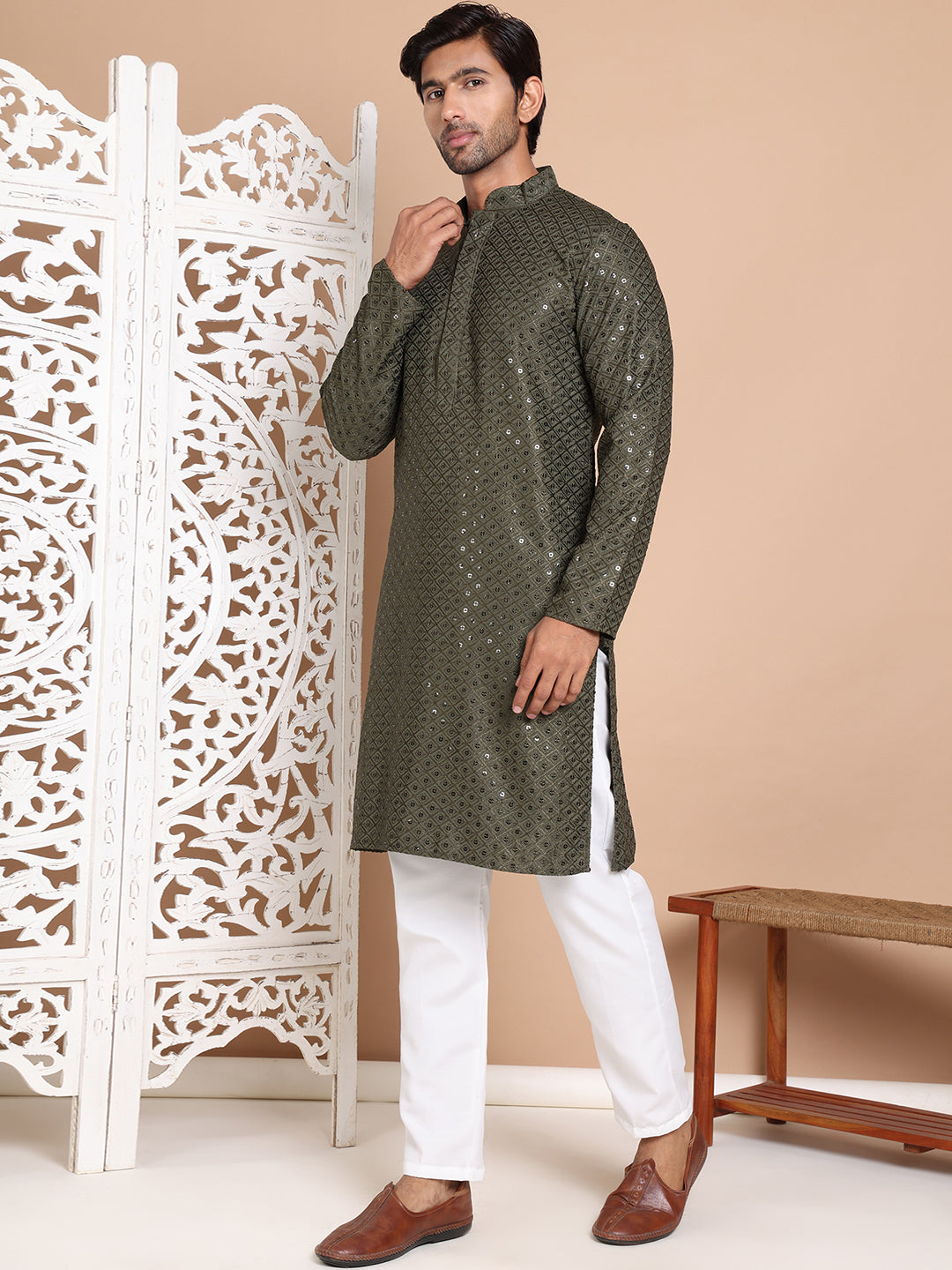 Embroidered and Sequence Kurta with Pyjama For Men NOZ2TOZ - Made In INDIA.