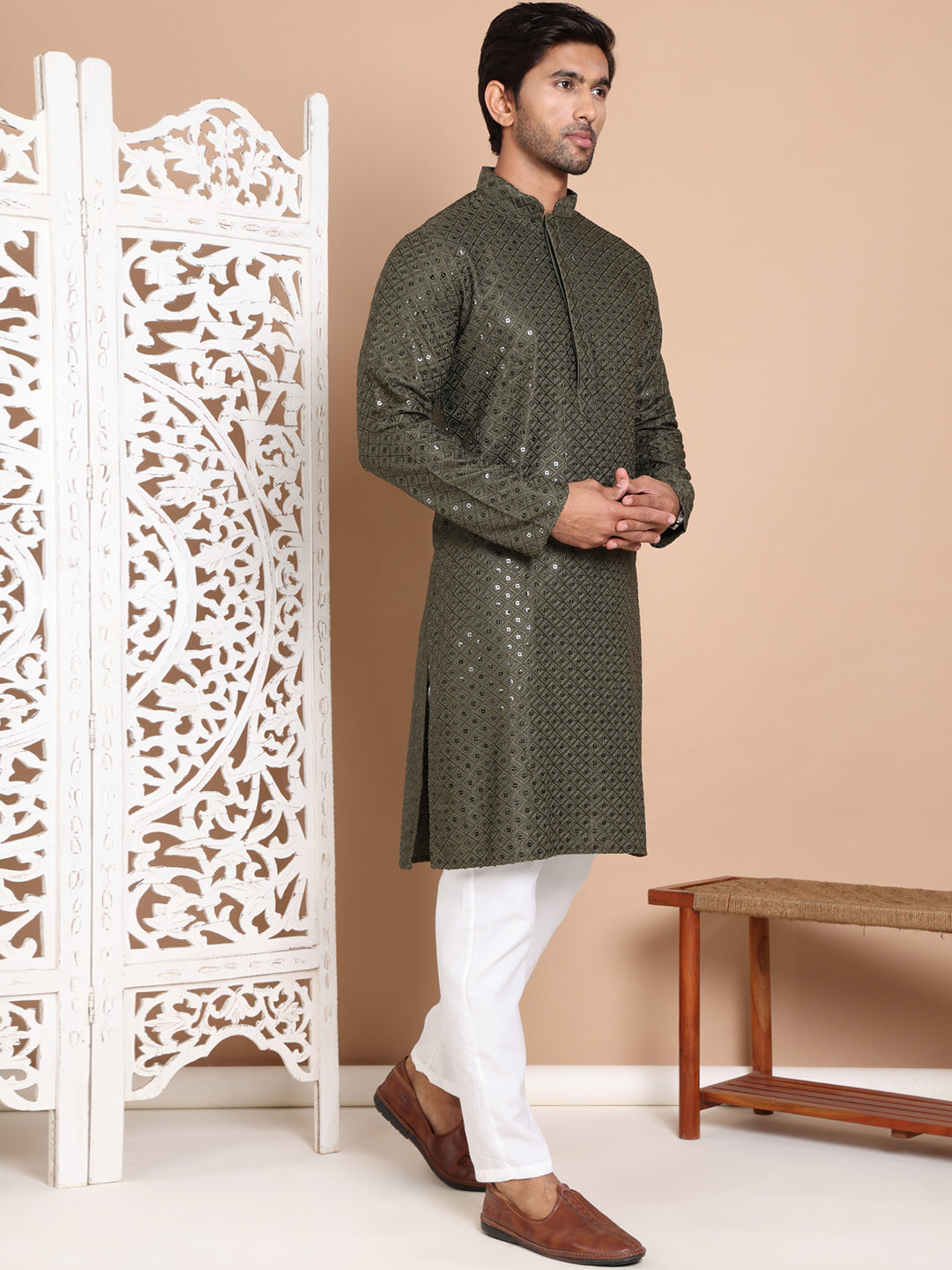 Embroidered and Sequence Kurta with Pyjama For Men NOZ2TOZ - Made In INDIA.