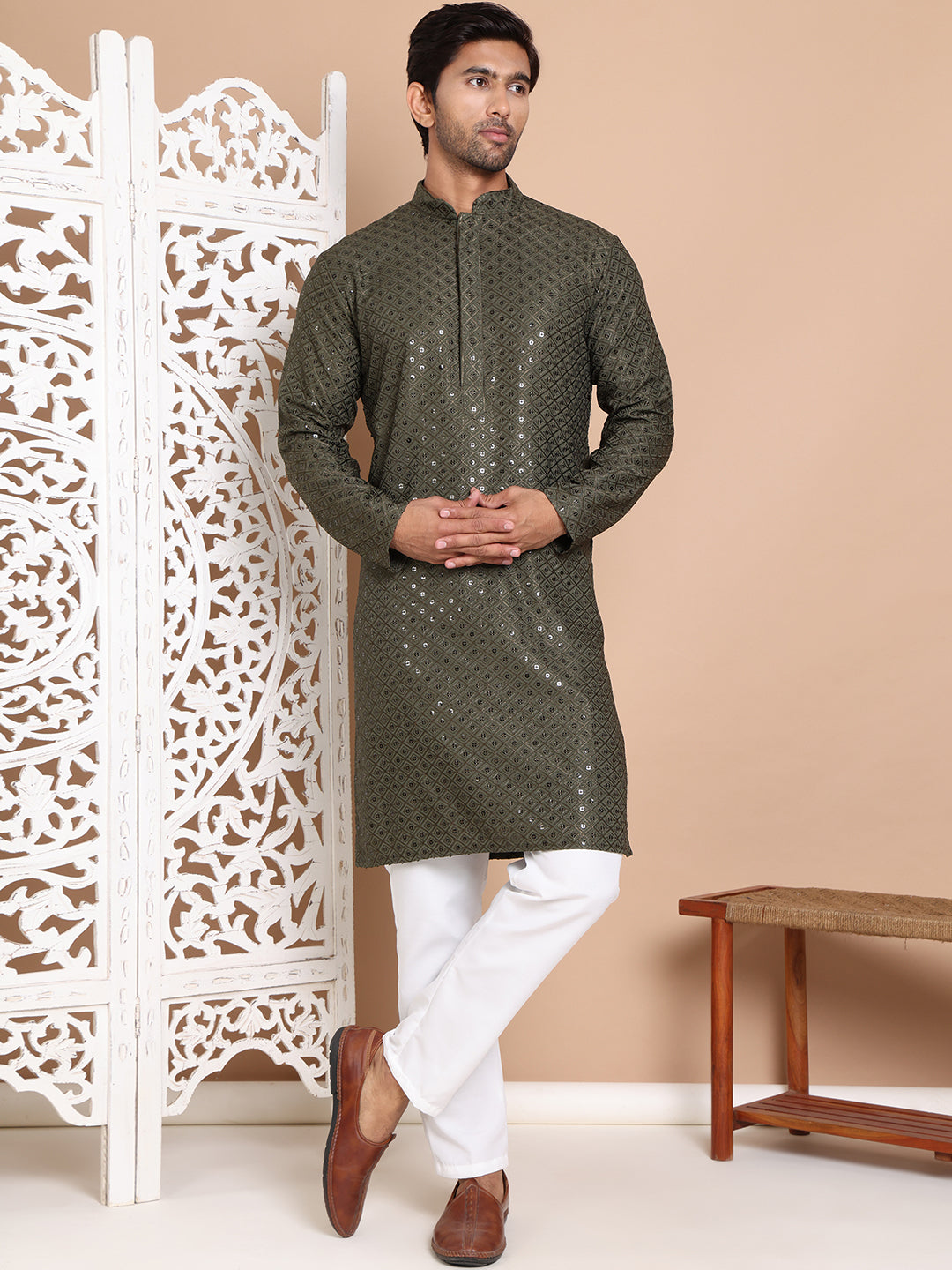 Embroidered and Sequence Kurta with Pyjama For Men NOZ2TOZ - Made In INDIA.