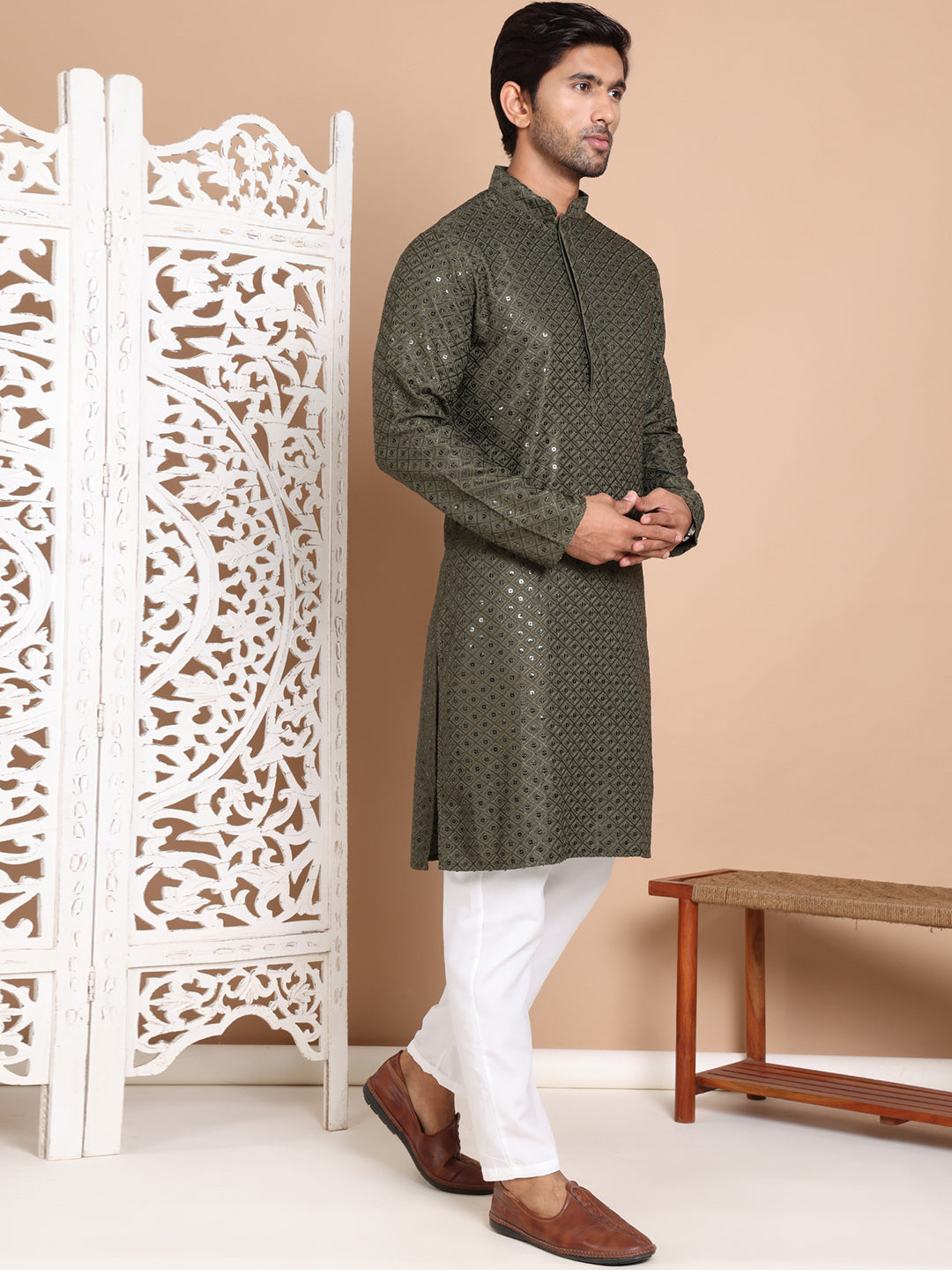 Embroidered and Sequence Kurta with Pyjama For Men NOZ2TOZ - Made In INDIA.