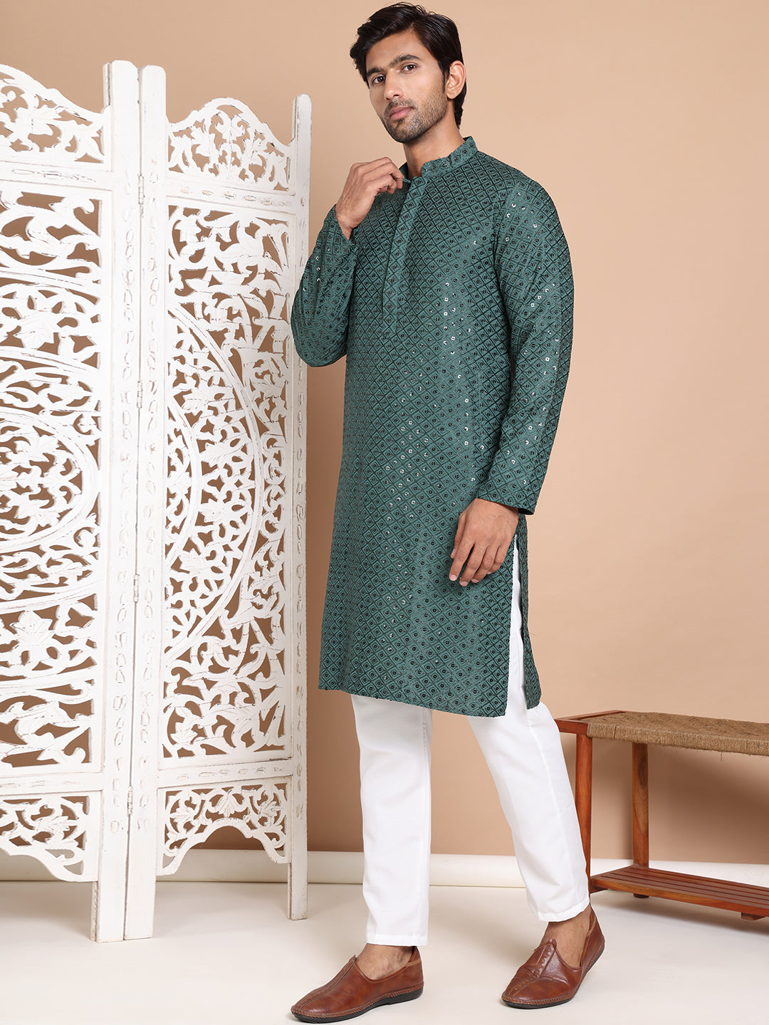 Embroidered and Sequence Kurta with Pyjama For Men NOZ2TOZ - Made In INDIA.