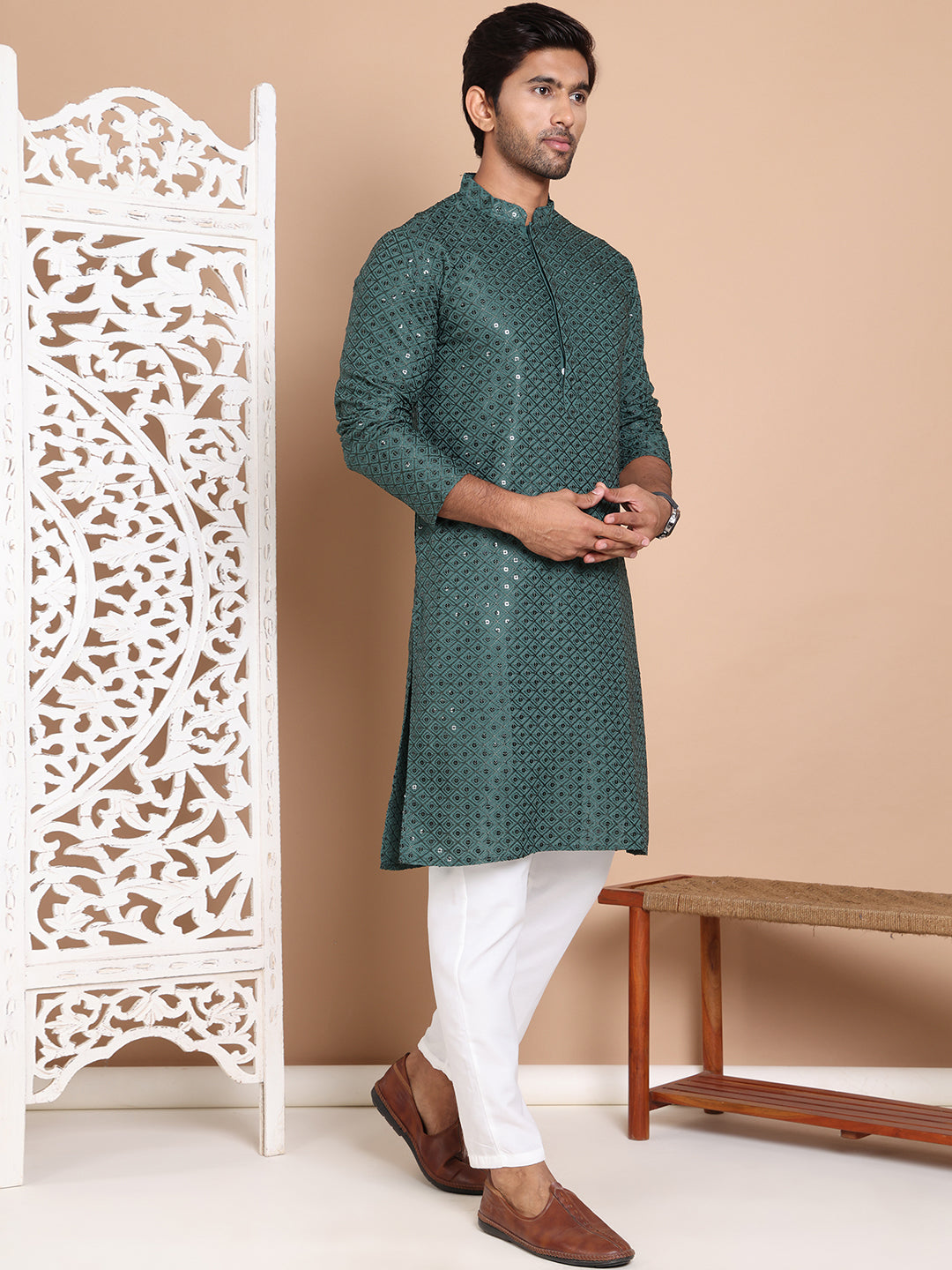 Embroidered and Sequence Kurta with Pyjama For Men NOZ2TOZ - Made In INDIA.