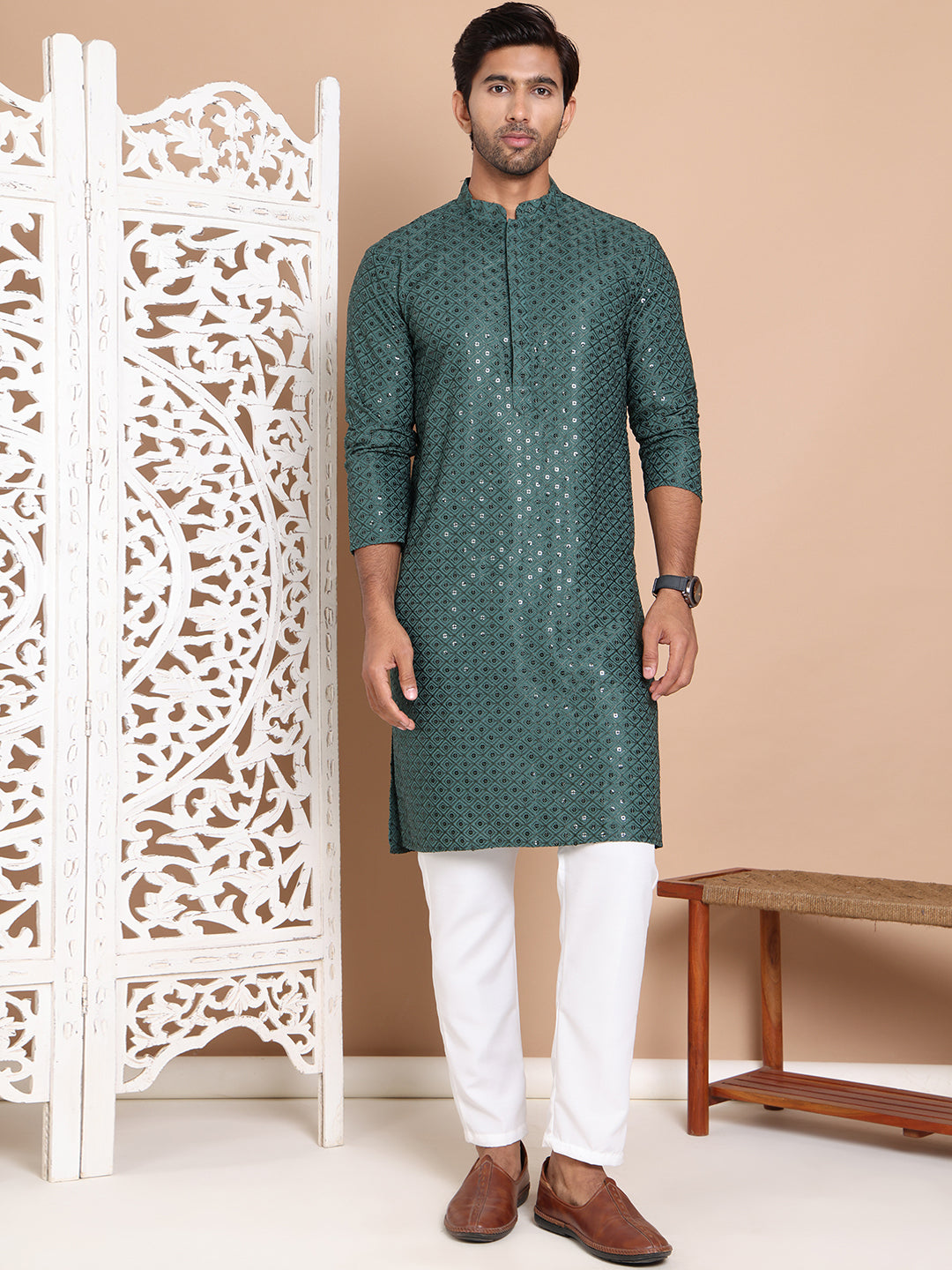 Embroidered and Sequence Kurta with Pyjama For Men NOZ2TOZ - Made In INDIA.