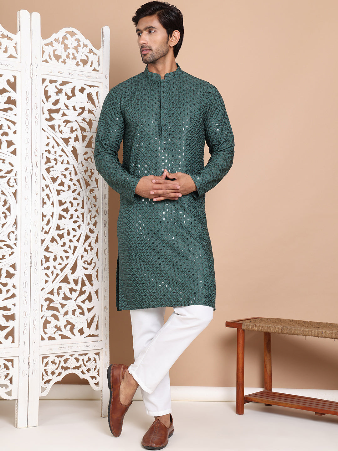 Embroidered and Sequence Kurta with Pyjama For Men NOZ2TOZ - Made In INDIA.