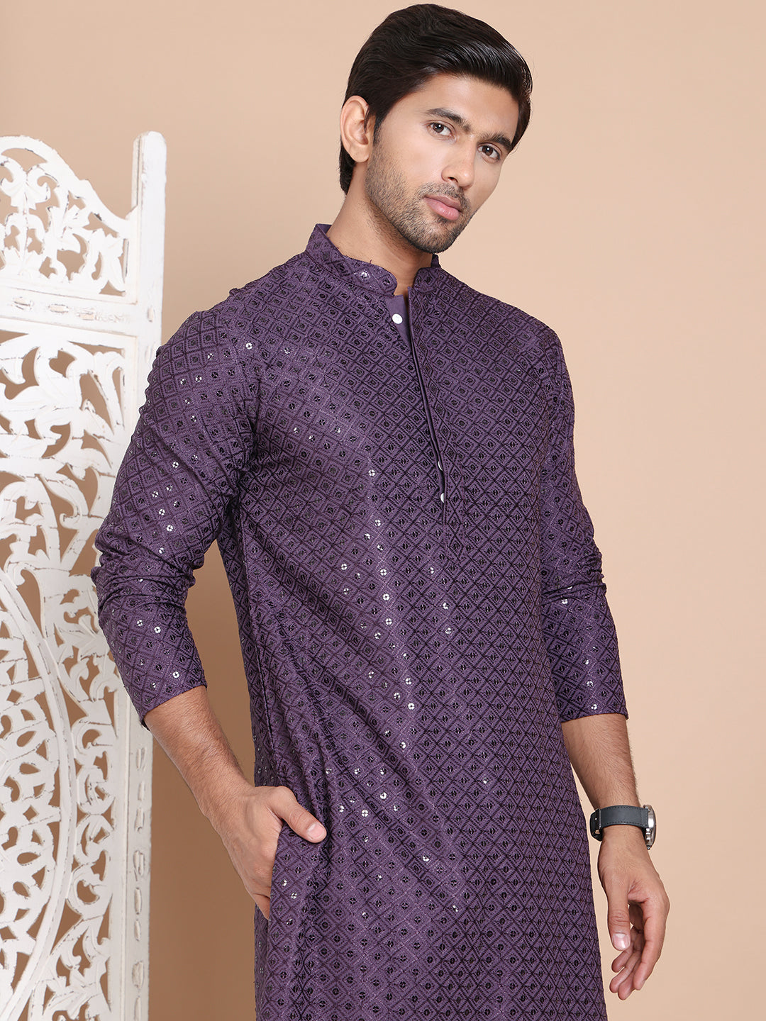 Embroidered and Sequence Kurta with Pyjama For Men NOZ2TOZ - Made In INDIA.