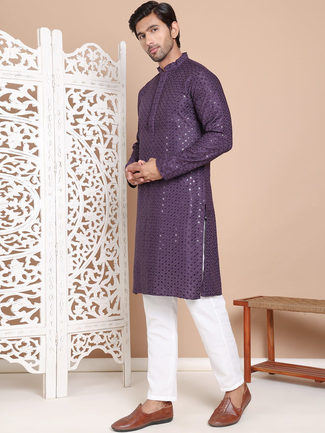 Embroidered and Sequence Kurta with Pyjama For Men NOZ2TOZ - Made In INDIA.