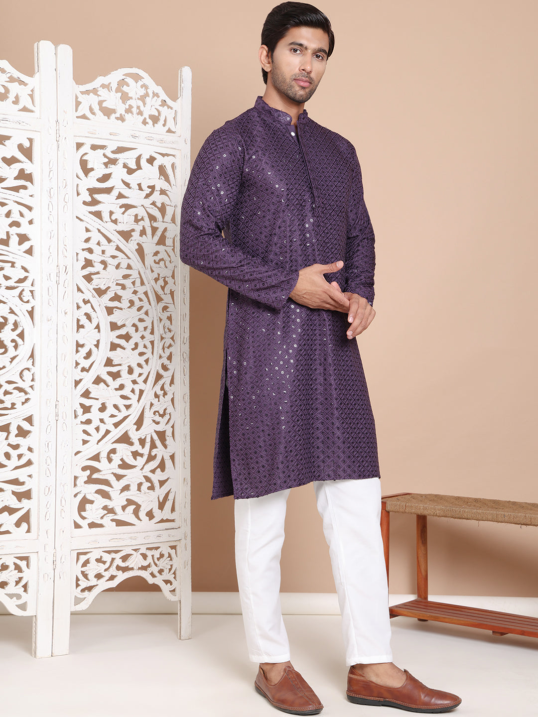 Embroidered and Sequence Kurta with Pyjama For Men NOZ2TOZ - Made In INDIA.