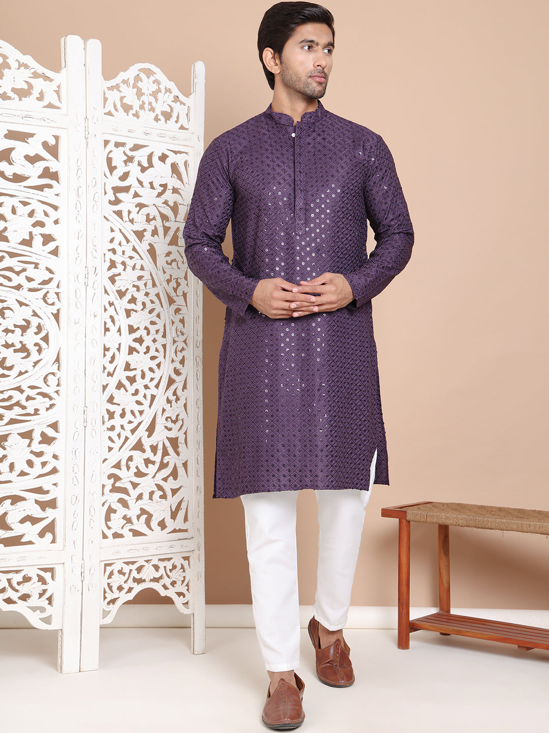 Embroidered and Sequence Kurta with Pyjama For Men NOZ2TOZ - Made In INDIA.