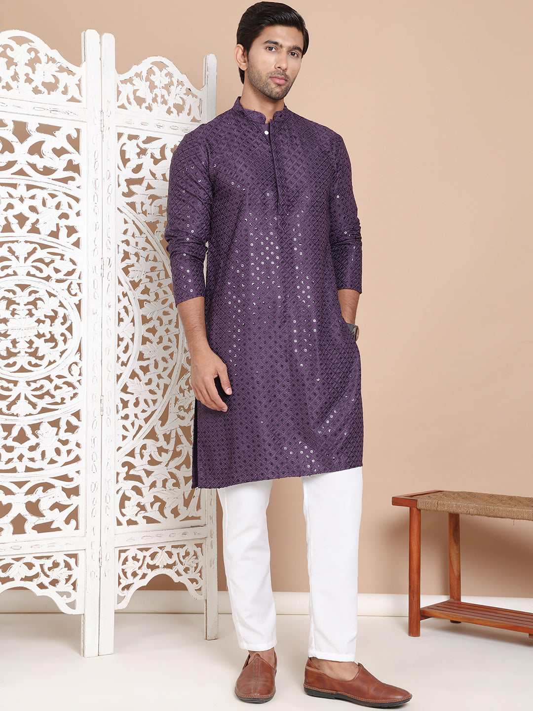 Embroidered and Sequence Kurta with Pyjama For Men NOZ2TOZ - Made In INDIA.