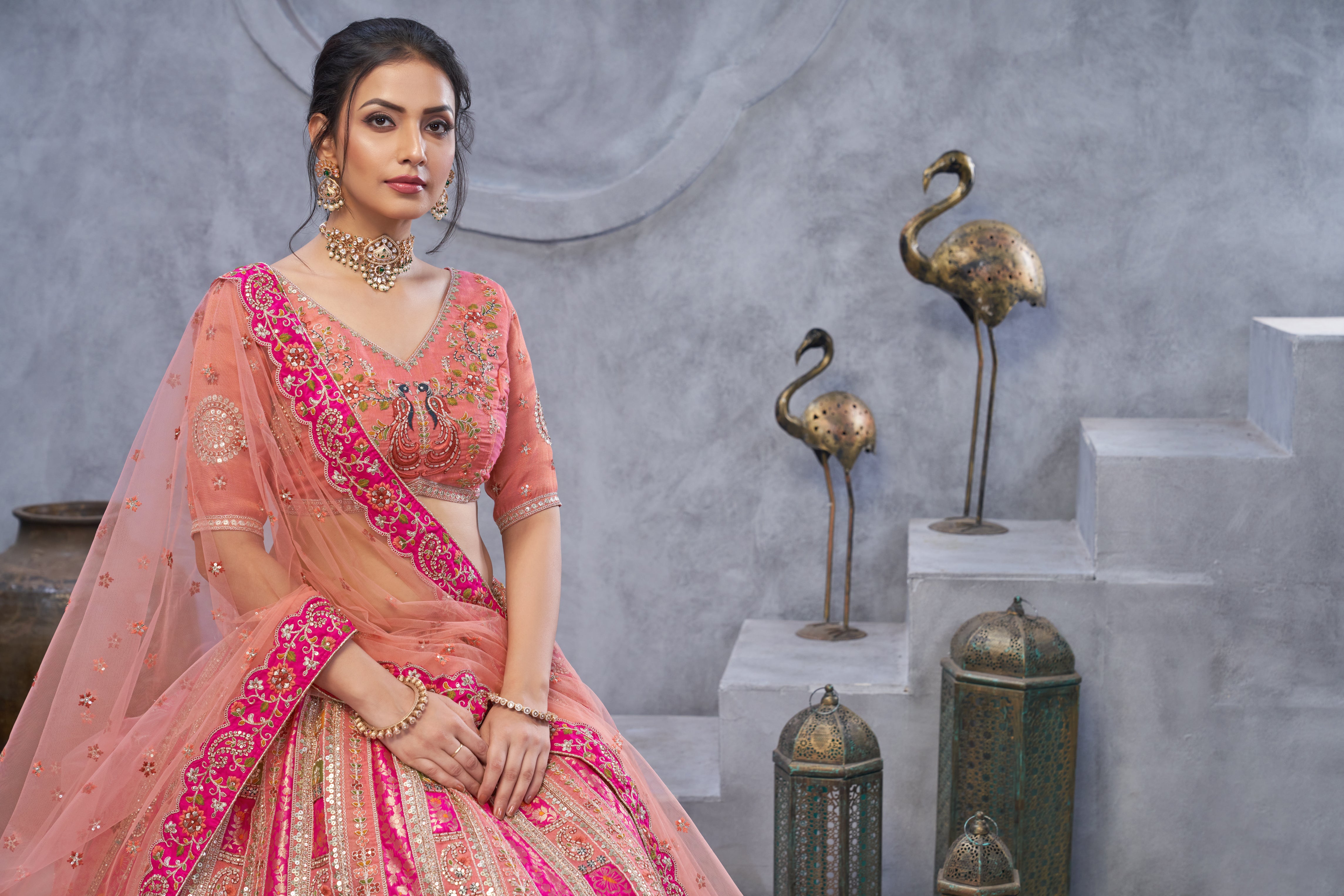 Women The Bagh Collection: Plush Pink Lenega Embodded By Thread And Sequin Embellished Lehengas