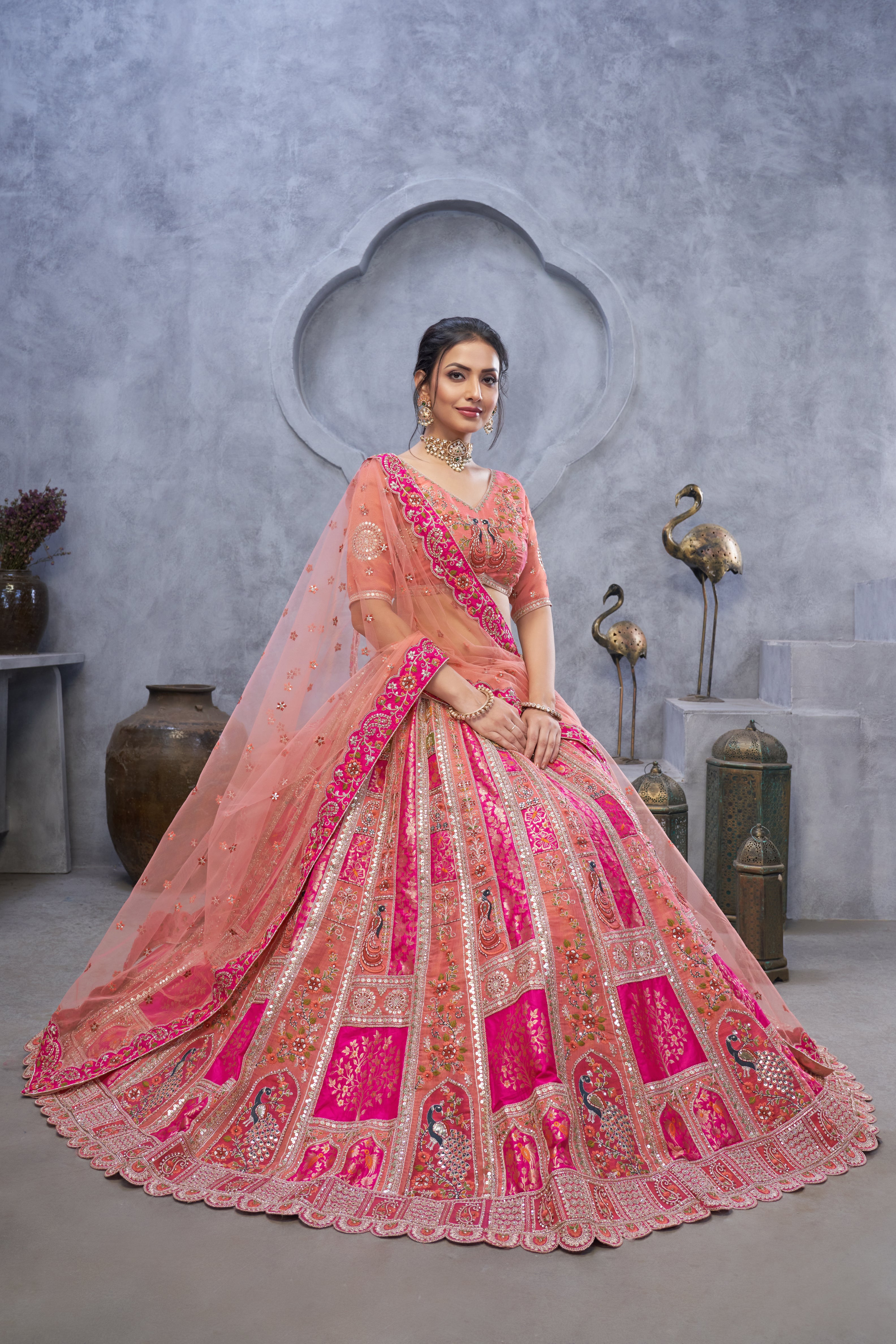 Women The Bagh Collection: Plush Pink Lenega Embodded By Thread And Sequin Embellished Lehengas