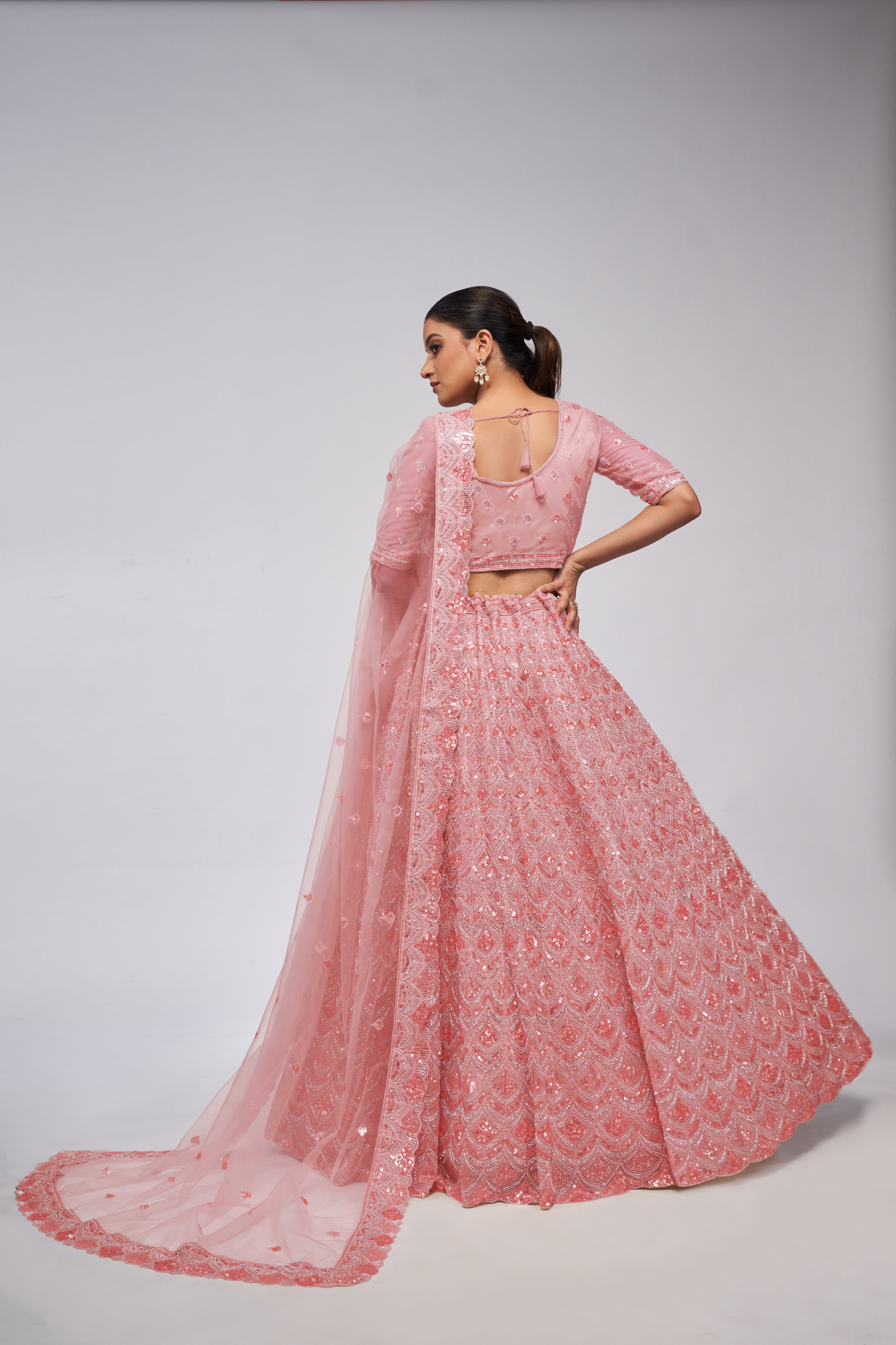 Women Rose Pink Diamond Pattern Embroidered Girlish Lehenga